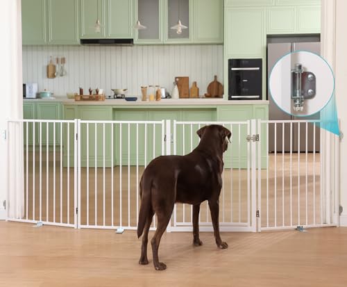 No Pawblems Free Standing Dog Gate with Door, 30'' Tall Foldable Dog Fence for Indoor & Outdoor, Up to 104 Inch Extra Wide Puppy Gate for Stairs, Hallways, Doorways, Deck, Yard (White, 4 Panels) - color: White, size: Up to 104" W, 4 Panels
