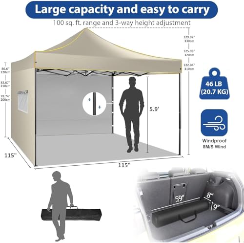 COBIZI 10x10 Heavy Duty Pop up Canopy with 4 Removable Sidewalls, Canopy Tent with Portable Bag, Pop up Tent Commercial Gazebo Waterproof Sunshade for All Weather Party Camp Stall Patio,Khaki - color: Khaki, size: 10x10ft