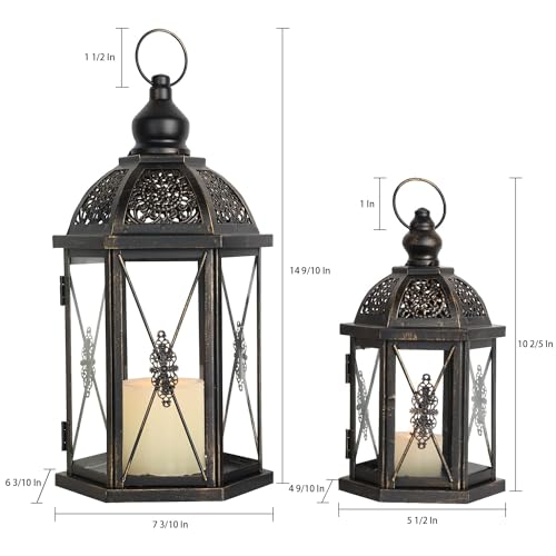 Large Lantern Decorative Outdoor & Indoor, Set of 2 (15’’&10’’) Metal Candle Lanterns Decor, Vintage Hanging Candle Holder for Front Porch Patio Wedding Farmhouse Home, Spring Decoration - color: Black / 14.9''h+10.4''h