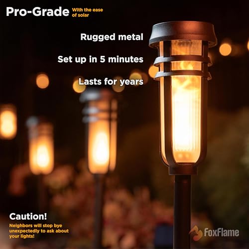 FoxFlame Metal Solar Torch Lights-Adjustable Height (24"-50"), Outdoor Garden Decor with Patented LED, Waterproof Solar Tiki Torches for Yard,Patio,Garden Pathway,Matte Black–2 Pack - style: Metal Torch