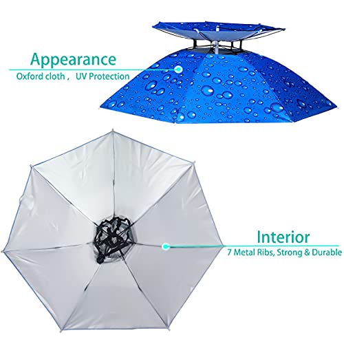 Umbrella Hat, 37 inch Fishing Umbrella Hat Hands Free Foldable UV Protection Umbrella Cap Adjustable Headwear for Fishing Golf Camping Beach Gardening Sunshade Outdoor - color: Water Drop Blue/Double Layer