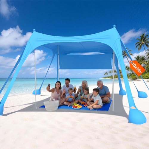 HOPERAN Beach Tent Sun Shelter, UPF50+ UV Protection, 10x10FT Pop Up Shade Beach Canopy Windproof for Outdoor Camping, Fishing, Picnics with 8 Sandbags, 1 Beach Mat, 1 Sideshade, 4 Stability Poles - color: 10x10 FT Sky Blue