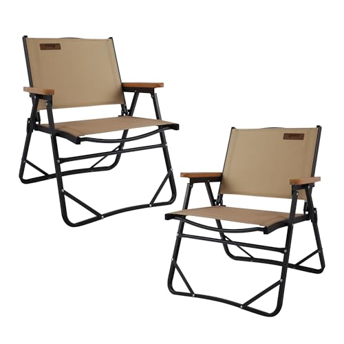喜马拉雅 Lightweight Folding Camping Chair, Gravel Brown Aluminum Outdoor Beach Chair with Solid Wood Armrest, Portable Collapsible Fishing Chair for Hiking Beach Backpacking Lawn Picnic (2)