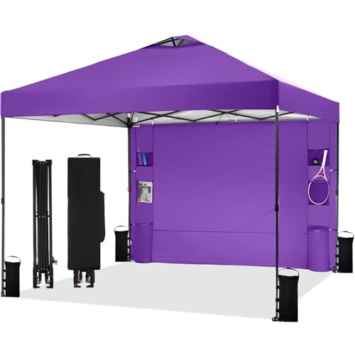 Tunbne 10'x10' Pop Up Canopy Tent with 1 Sidewall and 6 Pockets, One Push Setup, Instant Shade Tent with Vented Roof for Beach Patio Outdoor, Case, 8 Stakes, 4 Ropes, 4 Sandbags (Purple, 10x10) - color: Purple, size: 10x10