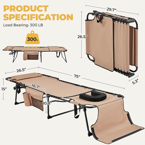 Yaheetech 26.4" Tanning Chair with Face Hole, Adjustable 5-Position Folding Chaise Lounge Chairs, Outdoor Lounge Chairs for Lawn, Beach, Patio, Beige - color: Beige, size: 26.4"