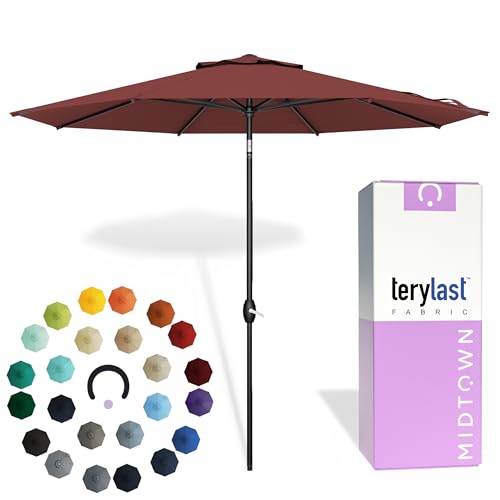 Midtown Umbrellas - 10-Year-No-Fade 9 Ft Patio Umbrella with Terylast Fabric, Auto-Tilt Aluminum Frame and 8 Reinforced Ribs for Deck, Pool, Garden & Beach - Cherry Burgundy Canopy, Black Pole - color: Terylast Fabric - Cherry, size: 9 Foot