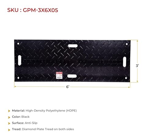 Mytee Products 5 Pk 3' x 6' Ground Protection Mats with Double Sided Diamond Plated Tread Design - High Density Polyethylene Mat, Easily Supports 60 Ton Loads on Lawns, Dirt, and Any Other Areas - color: Black, size: 3 x 6 Feet, style: 5 - Pack