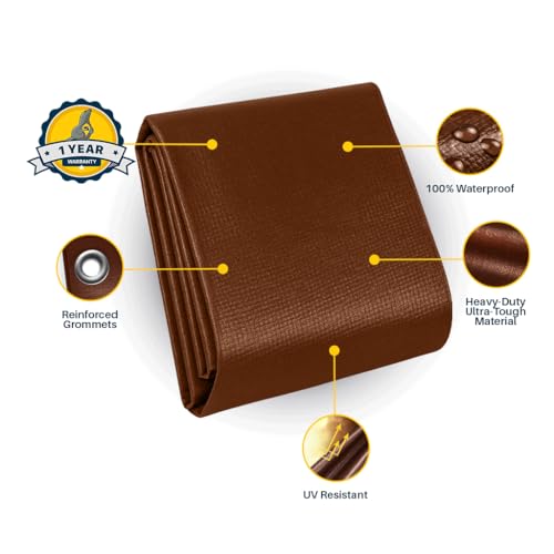 Seal Skin Covers Heavy Duty Waterproof Tarp 12x16 FT, 16 Mil Thick Brown Poly Tarp with Rustproof Grommets, UV Resistant, Tear-Proof Cover with Reinforced Edges for Outdoor, Camping, Pool, Canopy Use - color: Brown, size: 12' X 16'