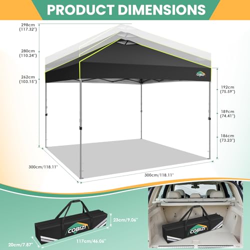 COBIZI 10x10 Pop Up Canopy Tent, Outdoor Party Tent with 4 Sidewall One Push Setup Glow, 3 Adjustable Height Air Vent Waterproof UPF50+, Bag, 4 Sandbag, 8 Stake, 4 Rope for Beach, Commercial - color: Black, size: 10x10 With 4 Sidewalls