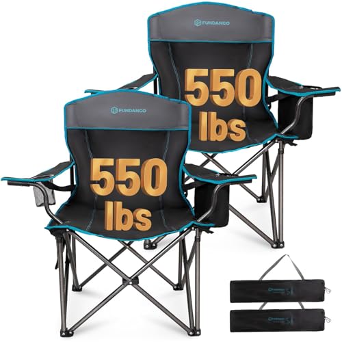 FUNDANGO Oversized Camp Chair, 2 Pack,550lbs Heavy Duty Portable Foldable Lawn Chair with Padded Lumbar Support Seat & Back, 4-can Cooler & Cup Holder, Carry Bag Included for Outdoor (Black/Grey) - color: Black/Grey With Lumber Support 2 Pack