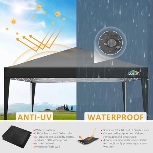 COBIZI 10x10 Pop Up Canopy Tent with 4 Sidewalls Party Tents Waterproof UPF 50+ Commercial Instant Outdoor Events Tent for Parties Markets Backyard, Ropes（10 x 10 ft Black - color: Black, size: 10x10FT with 4 sidewalls