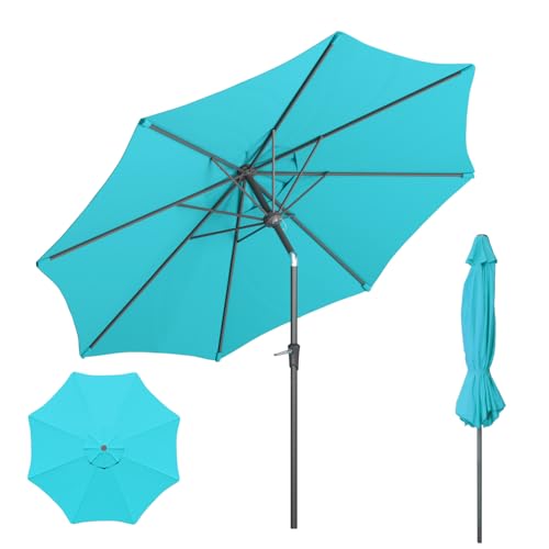 Outdoor Patio Umbrella with One Push Button Tilt and Crank, 8 Sturdy Ribs Market Table Umbrella - color: Turquoise-Steel Ribs, size: 11FT