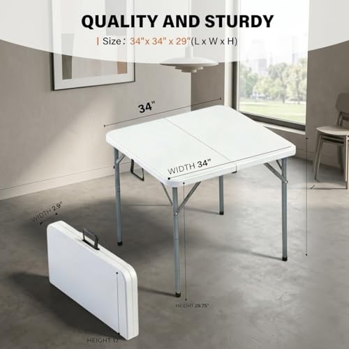34 In Square Folding Card Table,Heavy Duty Plastic Foldable Table with Built-in Carry Handle&Steel Legs,Portable Indoor Outdoor Utility Table for Dining,Party,GameNight, Camping,Picnic,White