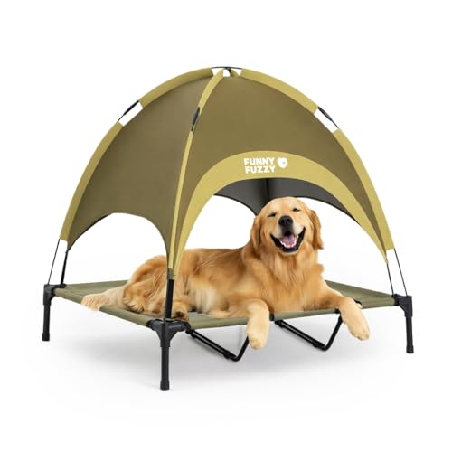 FUNNY FUZZY Elevated Dog Bed with Canopy, Green, X-Large (48"x36"x9") – Outdoor, Raised Pet Cot with UV Protection, Cooling Mesh, Indoor & Outdoor Use, Dog Cot for Large Dogs up to 120 lbs - color: Green, size: X-Large