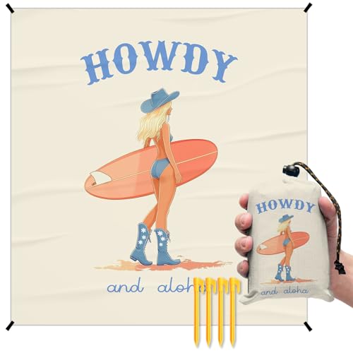 Trendy Coastal Howdy Surf Pocket Picnic Blankets, Cowgirl Mini Beach Camping Blanket Waterproof Sandproof for Surfer Girl,Preppy RV Outdoor Picnic Blanket Mat Gifts for Campsite Dorm 55x60in - color: Surf