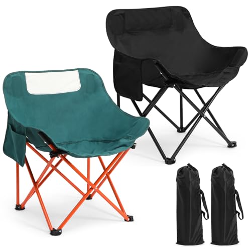 2 Pack Compact Camping Chairs Portable Folding for Outside with Carry Bag Lightweight Moon Chairs for Travel Picnic Hiking Beach Fishing, 600D Oxford, Supports 330lbs(Green, Black) - color: Green, Black