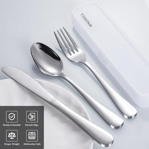 Travel Utensils with Case, 4-Piece Stainless Steel Portable Cutlery Set, Reinforced Case with Buckle Design, Lunch Box for Camping Work School, Include Fork Spoon Knife, Dishwasher Safe, Silver - color: Silver