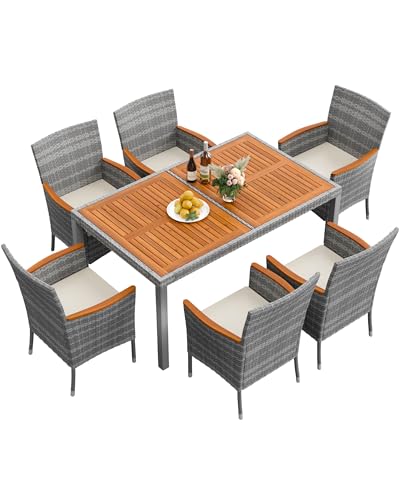 Flamaker 7 Piece Patio Dining Set Outdoor Acacia Wood Table and Chairs with Soft Cushions Wicker Patio Furniture for Deck, Backyard, Garden (Grey) - color: Grey, size: 7 Piece