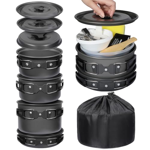 REDCAMP 6/10/11/12/14/15/19 PCS Camping Cookware Mess Kit Camping Gear Campfire Utensils Lightweight Stackable Pot Pan Bowls Soup Spoon with Storage Bag for Camping, Backpacking, Outdoor Cooking - style: Black,19 Pcs