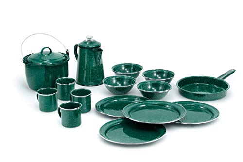 GSI Outdoors Camp Dinnerware Set I 4-Person Set Includes Pioneer Enamel Percolator, Frypan, Kettle, Bowls, Plates & Coffee Mugs - color: Green