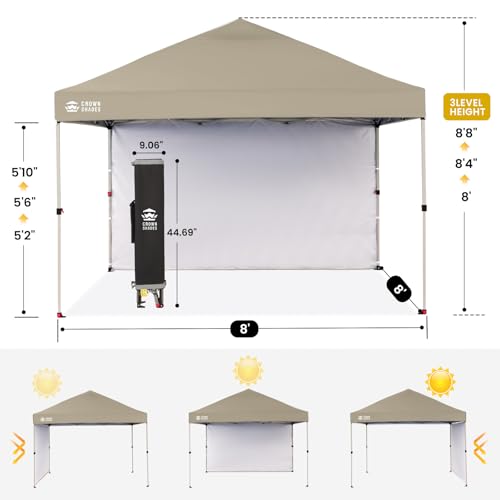 CROWN SHADES 8x8 Pop Up Canopy with 1 Side Wall - Beach Tent with One Push Setup - Outdoor Sun Shade for Events, Parties, Camping - Gazebo with STO-N-Go Cover Bag (Beige) - color: Beige, size: 8x8FT