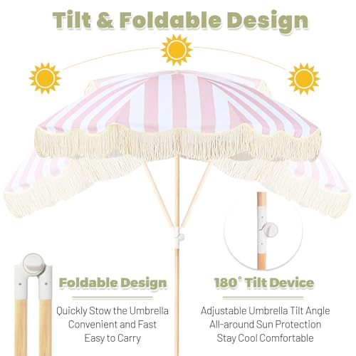 Lefedrasticity Boho Outdoor Umbrella with Tassels,6ft Table Umbrella Outdoor Patio with Knobs Tilt,Wind Resistant Portable Beach Umbrella UPF50+ Fringe Umbrellas For Pool Backyard Deck Garden - color: Pink Stripe