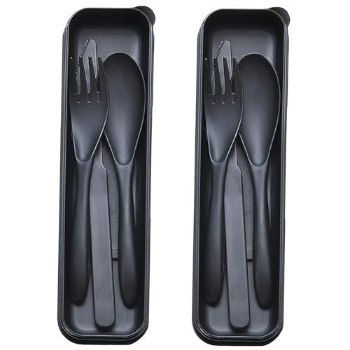 Reusable Travel Utensils Set with Case, 2 Sets Wheat Straw Portable Plastic Fork Spoons Knife Cutlery, Camping Eco-Friendly BPA Free Tableware for Kids Adults Work Picnic or Daily Use (Black) - color: Black