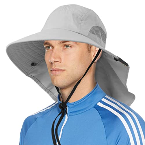 SUN CUBE Wide Brim Sun Hat with Neck Flap, UPF50+ Hiking Safari Fishing Hat for Men Women, Sun Protection Beach Hat - color: Light Grey