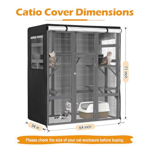 Catio Cover, 64" L x 34" W x 71" H Waterproof Cover for Outdoor Cat Enclosure, 420D Cat Cage Cover for Nyeekoy Catios, Black (Catio Not Included) - size: 64"L x 34"W x 71"H for Nyeekoy