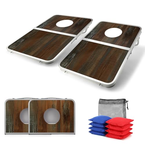 Portable Cornhole Board Set with Aluminum Alloy Edging,2x1.3ft Foldable Corn Hole Games for Adults and Family with 8 Bean Bags for Outdoor Backyard Travel Tailgate Camping - color: Wood color