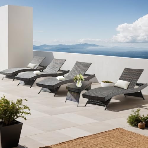 PE Rattan Adjustable Backrest Chaise Lounge Set 4 with 1 Side Table, Outdoor Pool Recliner Patio Chairs Lounge Chair Set 4 with 1 Coffee Table for Outside Beach Poolside Sunbathing - color: 4 Chairs + 1 Table