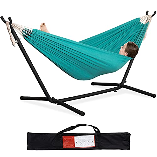 PNAEUT Double Hammocks with Stand for Outside, Portable Space Saving Heavy-Duty Steel Stand for Indoor Outdoor Patio with Carrying Bag, 450 lbs Capacity (Aqua) - color: Aqua