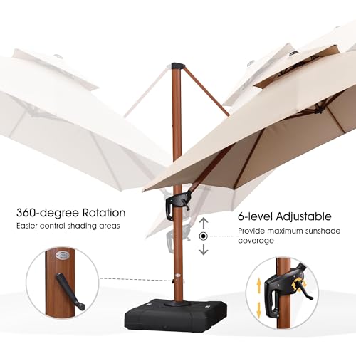 PURPLE LEAF 10' X 13' Double Top Deluxe Wood Pattern Rectangle Patio Umbrella with Base Offset Hanging Umbrella Outdoor Market Umbrella Garden Umbrella, Beige - color: Beige, size: 10'X13', style: Base Included