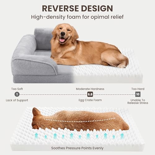 Orthopedic Dog Beds for Large Sized Dogs, Waterproof Egg-Crate Foam Pet Couch Bed with Soft Side, Non-Slip Dog Sofa with Flannel Removable Washable Cover, 35"L Supportive Pet Sofa, Light Grey - color: Light Grey, size: 35"L x 25"W x 9.5"Th