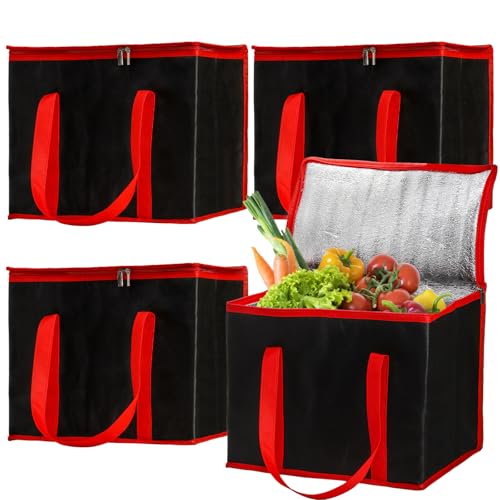 Cididu 4 Pack Reusable Grocery Shopping Bags, X-Large Food Tote Bag with Handle, Collapsible Pizza Delivery Bags with Zippered Top and Baseboard for Kitchen, Camping, Clothes, Picnic, Travel