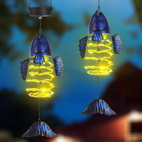 2 Pack Fish Solar Lights Outdoor Hanging Lantern with Handle, Solar Powered Fish Garden Decor for Outside Patio Yard Porch Pathway Fish Gifts for Women (Warm White LED Lights) - color: Blue-Fish