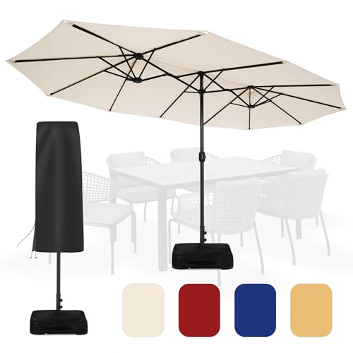 Sundale Outdoor 15ft Large Patio Umbrella with Base Included and Umbrella Cover, Outdoor Double-Sided Umbrella - color: Beige