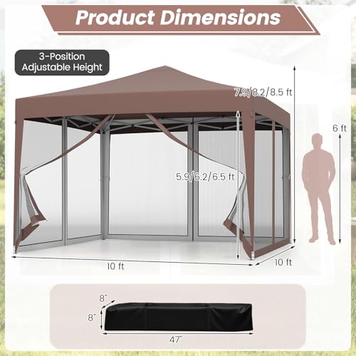 Tangkula 10x10 Ft Pop Up Canopy with Netting, Easy Up Outdoor Tent with Mesh Sidewalls, Carrying Bag, Adjustable Height, Portable Canopy Tent for Parties Events Camping Travel - color: Brown