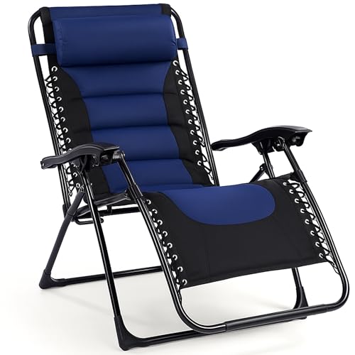 Backyard Expressions Deluxe XL Padded Recliner Zero Gravity Chair – Ergonomic Anti-Gravity Lounger with Folding Design, Side Tray, and Adjustable Headrest - color: Black/Blue