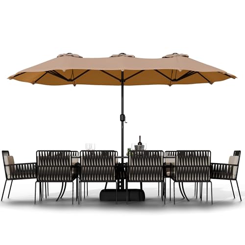 Shintenchi 16FT Large Patio Umbrella with Base Included, Outdoor Double-Sided Rectangular Shade with Crank Handle for Poolside Lawn, Deck & Garden, Khaki - color: Khaki, size: 16FT