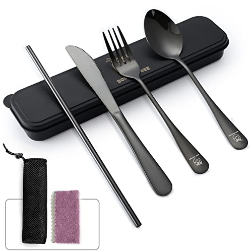 Boulder Bee | Travel Utensils Set | Reusable Camping Cutlery Set | Stainless Steel Flatware Set | Portable Silverware Set with Case | Includes Knife/Fork/Spoon/Straw/Cleaning Cloth/Case (Black) - color: Black