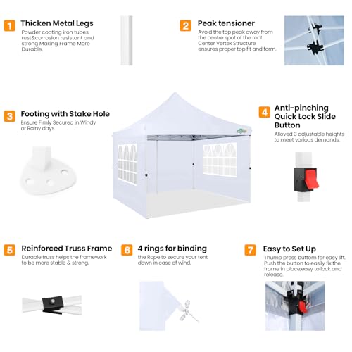 COBIZI 10x10 Pop Up with 3 Sidewalls, Canopy Tent 10x10 for Parties, Backyard, Commercial, Waterproof and Portable Instant Shelter UV50+ Outdoor Canopy Gazebo with 4 Sandbags(Pure White) - color: Pure White, size: 10x10FT with 3 sidewalls