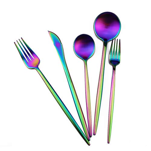 Matte Rainbow Silverware, Gugrida 5-Piece 18/10 Stainless Steel Flatware Set, Satin Finish Kitchen Utensils, Tableware Travel Cutlery for Camping, Office or School Lunch, Dishwasher Safe - color: Rainbow, size: Service for 1