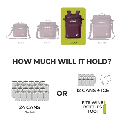 CORE Magnetic Leak Proof Soft Cooler with Waterproof Zipper | Insulated Bag Portable Ice Chest Box | Best Soft Cooler for Food & Beverages for Tailgating, Car Camping, Travel, and Family Beach Picnics - color: Mulberry, size: 24 Can