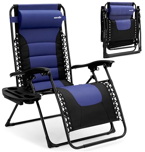 SereneLife Oversized Padded Zero Gravity Lounge Chair, Foldable Outdoor Patio Recliner, Anti Gravity Lawn Recliner with Cup Holder and Side Table for Backyard, Camping, Beach or Outdoor Relaxation - color: Blue