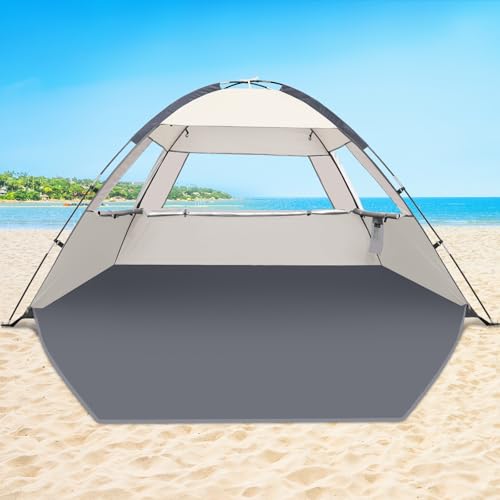 COMMOUDS Beach Tent Sun Shade for 3/4/6/8 Person, UPF 50+ Beach Sun Shelter Canopy Tent, Lightweight, Easy Set Up and Carry - color: CreamyGray, size: 3 Person
