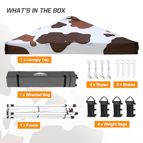 EAGLE PEAK Pop Up Canopy Tent with Wheeled Carry Bag, 8 Stakes, 4 Ropes, 4 Weight Bags, Easy Set Up Tent Canopy, 10x10 ft, 100sqft of Shade, Brown Cow Print - color: Brown Cow Print, size: 10x10