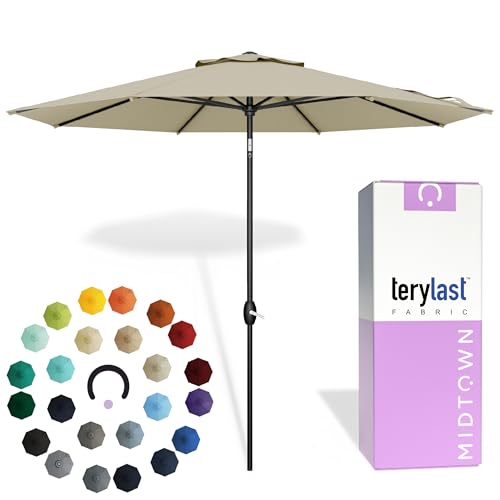 Midtown Umbrellas - 10-Year-No-Fade 8 Ft Patio Umbrella with Terylast Fabric, Auto-Tilt Aluminum Frame and 8 Reinforced Ribs for Deck, Pool, Garden & Beach - Chestnut Beige Canopy, Black Pole - color: Terylast Fabric - Chestnut, size: 8 Foot