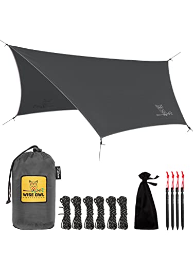 Wise Owl Outfitters Hammock Rain Fly – Waterproof Camping Tarp Cover with Tent Stakes & Carry Bag, Ultralight Shelter for Backpacking & Outdoor Shade - color: Gray, size: Standard (26 oz)