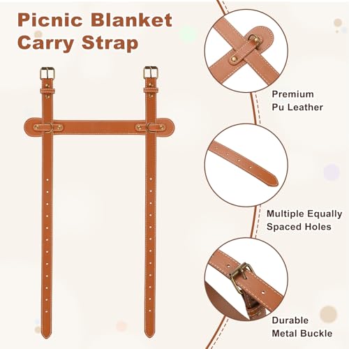 M METERXITY 1-Pack Outdoor Picnic Blanket Carry Strap, 22.8" Portable PU Leather Handle Belt Carrier with Adjustable Straps for Camping/Picnics/Travel, Motorcycle Bedrolls Carrier [Brown] - size: 22.8"